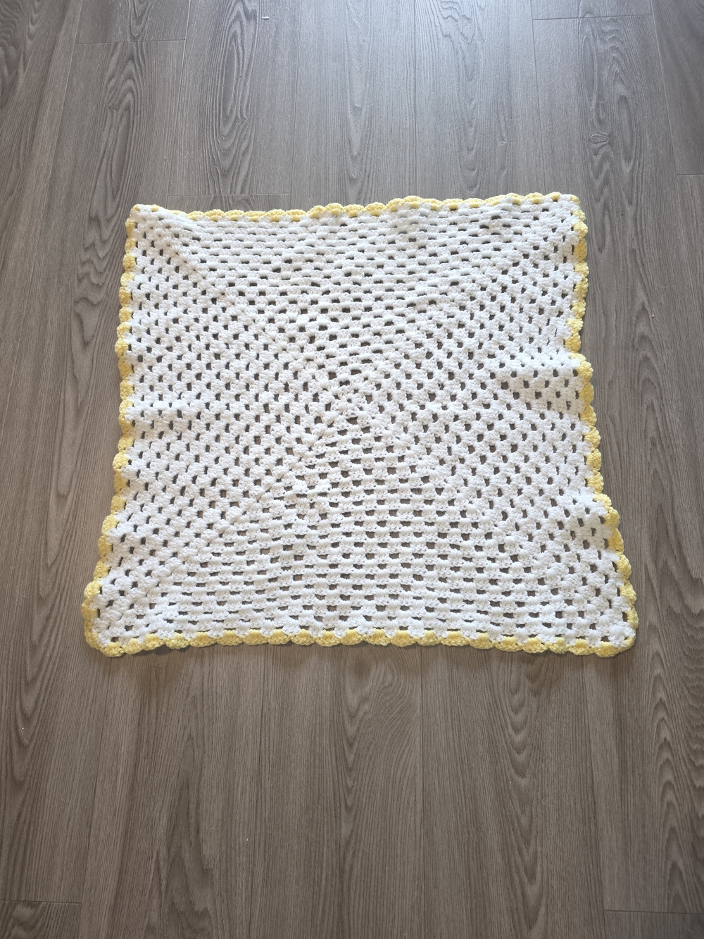 Handmade White Crochet Baby Blanket with Yellow Trim
